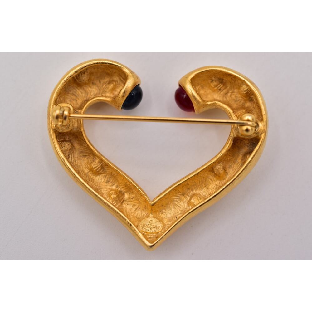 Givenchy Vintage Heart Gripoix Pin Brooch Cabochon Brushed Gold Signed 80s BinBP - Picture 11 of 12